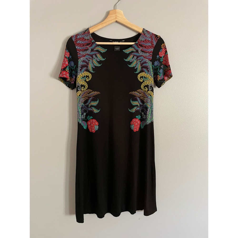 Desigual T-Shirt Dress Womens XS Black Floral Paisley Short Sleeve Boho Casual